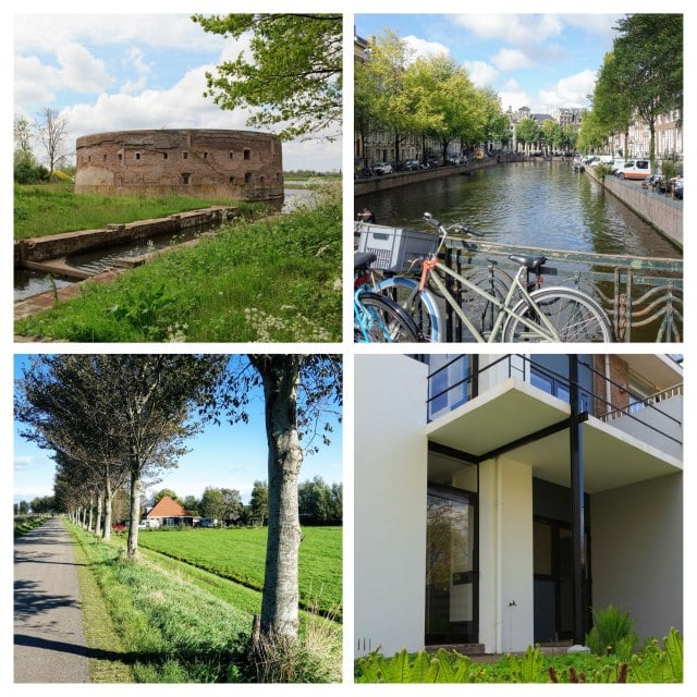 Collage van het Rietveldhuis, Beemster, Grachtengordel en Waterlinie-fort