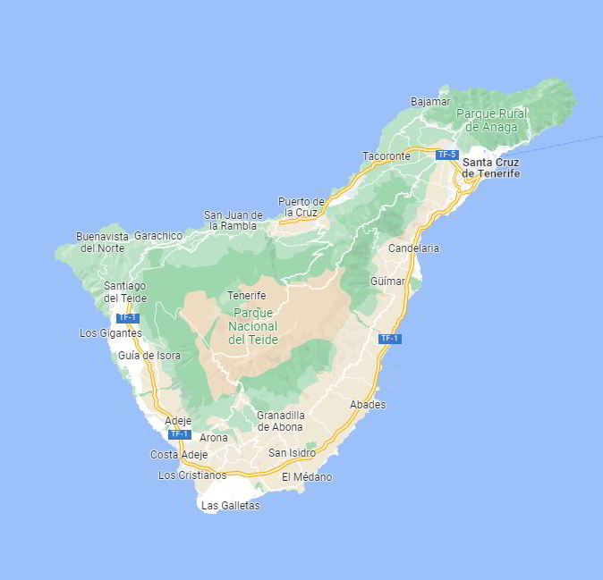 Kaart van Tenerife met de noordelijke groene punt Anaga 