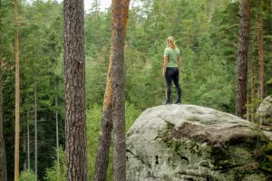 Een vrouw op een rots kijkt uit over Toulovcovy Mastale.