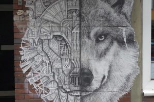 Een streetart wolf in Düsseldorf