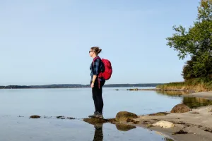 Wandelaar langs de Flensburger Fjord op de route van het Gendarmenpad