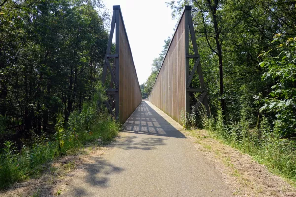 Verrassend: een houten fietsbrug op het traject door de Mechelse Heide