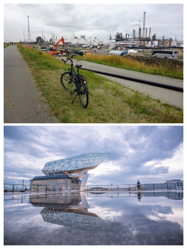 Beeld van het Havenhuis en de industrie in Antwerpen