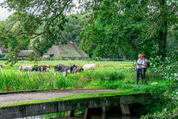 Twee wandelaars op het Drenthepad , met op de achtergrond een oude boerderij